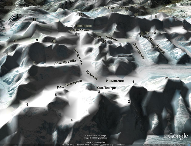 Схема района восхождений на пики Хан-Тенгри и Победа Схема района восхождений на пики Хан-Тенгри и Победа