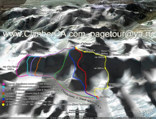 Схема маршрутов на пик Победа (7439 м.) Схема маршрутов на пик Победа (7439 м.)
